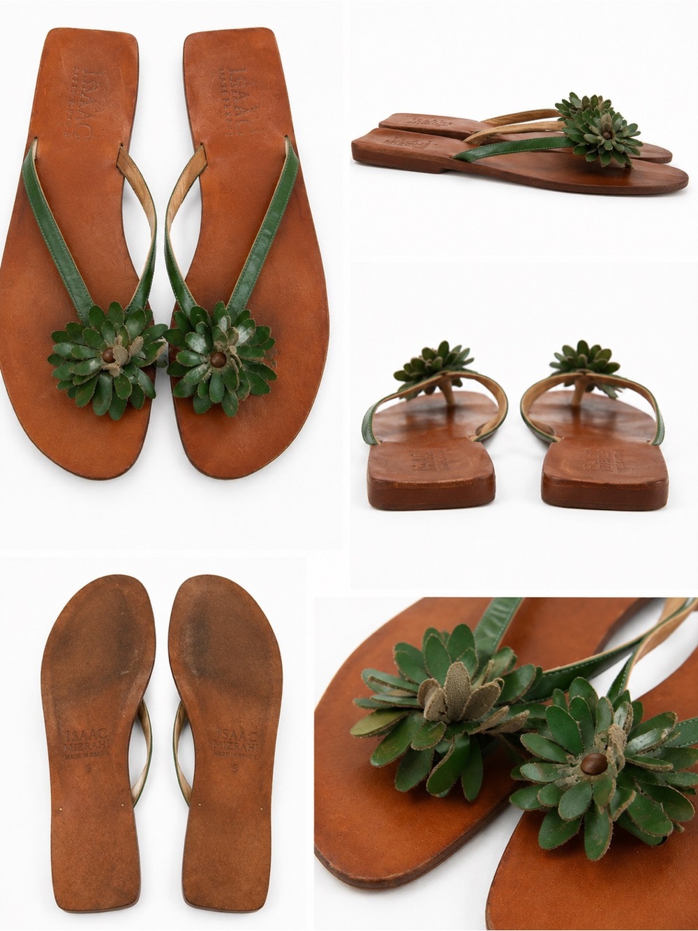 Isaac Mizrahi Brown Leather Flip Flops with Green Floral Accents